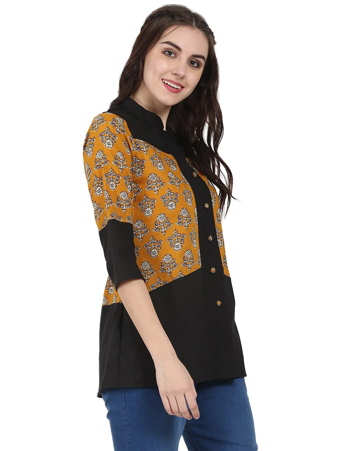 Yellow & Black 3/4Th Sleeve Cotton Tunic