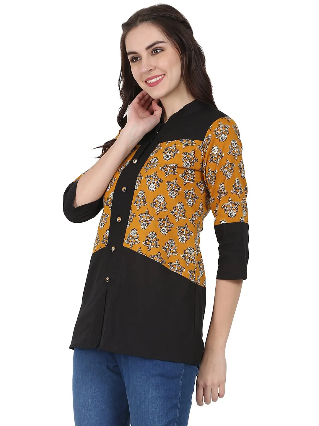 Yellow & Black 3/4Th Sleeve Cotton Tunic