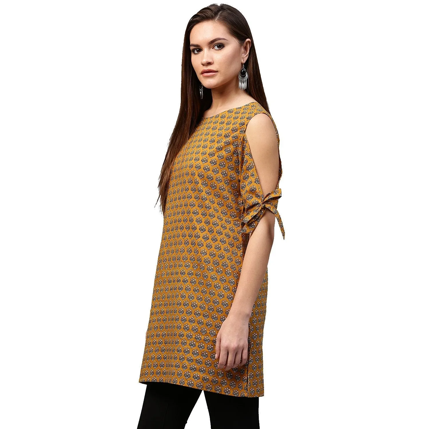 Yellow Half Sleeve Cotton Cold Shoulder Tunic