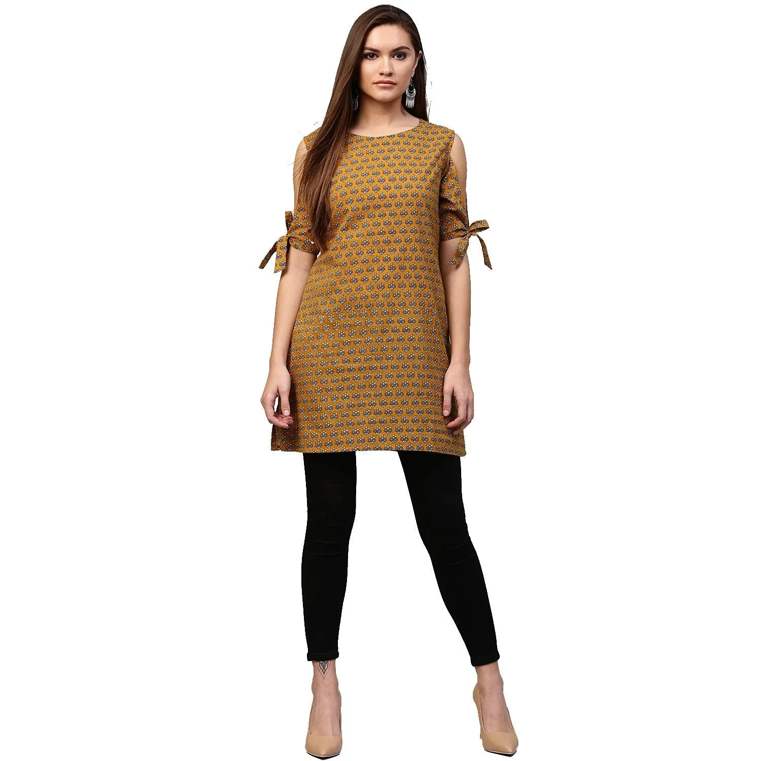 Yellow Half Sleeve Cotton Cold Shoulder Tunic