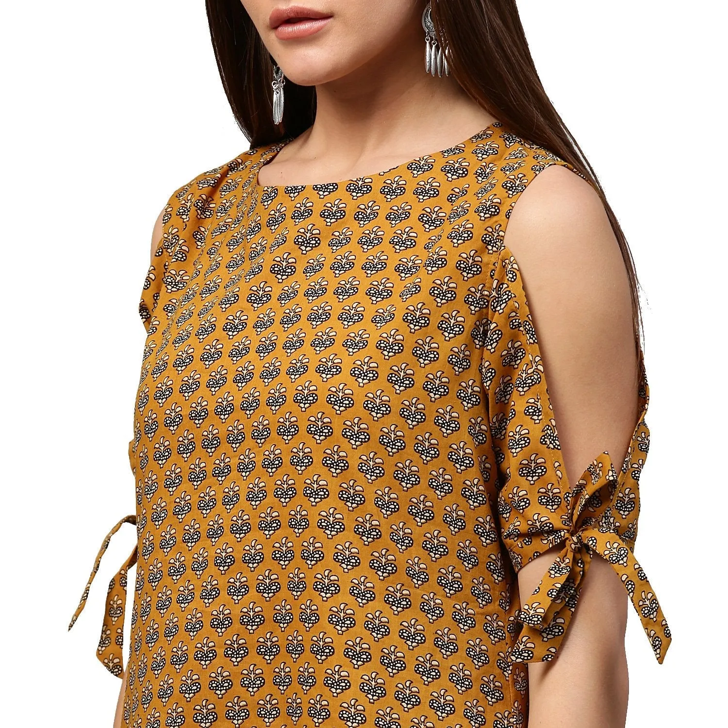 Yellow Half Sleeve Cotton Cold Shoulder Tunic