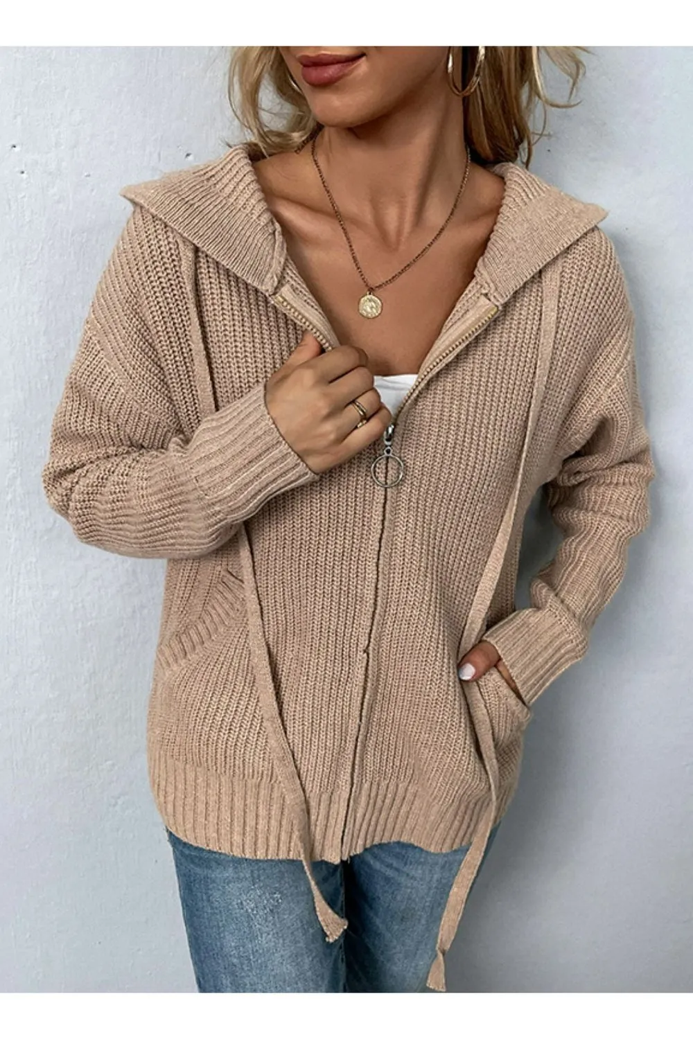 Zip-Up Drawstring Detail Hooded Cardigan